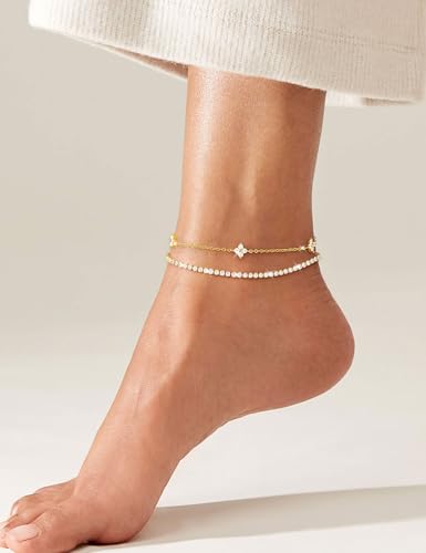 RLMOON Gold Silver Anklets for Women CZ Ankle Bracelets 14K Gold Plated | Waterproof Layered Stackable Clover Butterfly Tennis Chain Anklet Non Tarnish Trendy Summer Beach Foot Jewelry - color: Gold anklet B