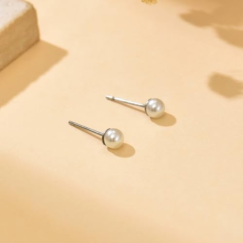 Pearl Stud Earrings for Women Gold/Silver Plated 3mm 4mm 5mm 6mm 8mm Pearl Earrings Dainty Hypoallergenic Earrings - color: White Gold, size: 4 Millimeters