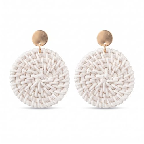 Handmade Rattan Teardrop Dangle Earrings for Women, Lightweight Boho Woven Statement Earrings with Gold Fish Hook, Natural Straw Weave Vacation Jewelry for Summer Beach - style: Post Round