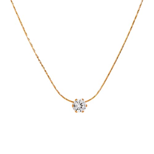 Titanium Steel Cubic Zirconia Pendant Necklace for Women, 1 Piece 16"+2" Adjustable Hypoallergenic Non-Tarnish Dainty Rolo Chain, Minimalist Sparkly Everyday Solitaire Necklace - color: Gold