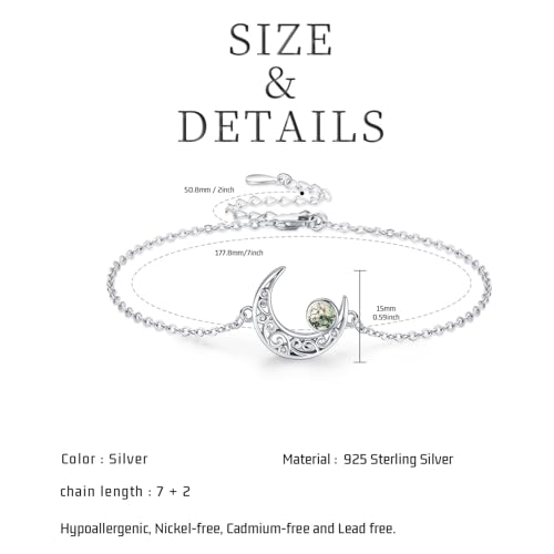 Moon Bracelet for Women 925 Sterling Silver Moonstone/Birthstone Moon Bracelet Butterfly/Dragonfly Bracelet Celtic Moon Butterfly Dragonfly Jewelry Gifts for Women - style: Moss Agate-Silver