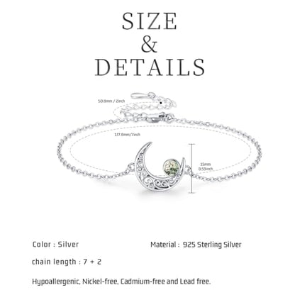Moon Bracelet for Women 925 Sterling Silver Moonstone/Birthstone Moon Bracelet Butterfly/Dragonfly Bracelet Celtic Moon Butterfly Dragonfly Jewelry Gifts for Women - style: Moss Agate-Silver
