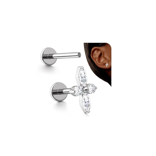 G23 Titanium 16G Tragus Conch Piercing Jewelry Flat Back Stud Earrings | Hypoallergenic CZ Nose Dangle Helix Medusa Lip Labret Body Piercing Jewelry, 14K Gold Plated, Silver, 6 and 8 mm Post Length - color: Floral Sparkle-Titanium