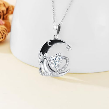 I Love You to the Moon and Back Necklace 925 Sterling Silver Black Crescent Moon Star Pendant with Heart Birthstone Necklace Anniversary Gothic Jewelry Gifts for Women Wife Lovers - color: 04-Apri-White