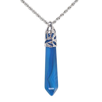 Justinstones Hexagonal Pointed Reiki Chakra Pendant Stainless Steel Chain Necklace 20 Inch Iron Gift Box - color: Blue Brazilian Agate