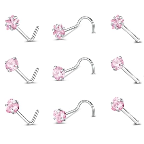 9PCS 20g Stainless Steel 316L Nose Studs Set | Hypoallergenic L-Shaped Screw & Bone Nose Rings, Round Heart Star Pink Cubic Zirconia Nose Piercing Jewelry for Women Men - style: studs001