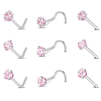 9PCS 20g Stainless Steel 316L Nose Studs Set | Hypoallergenic L-Shaped Screw & Bone Nose Rings, Round Heart Star Pink Cubic Zirconia Nose Piercing Jewelry for Women Men - style: studs001