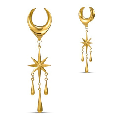 ERKUOO 2PCS Ear Gauges Star Dangle Saddle Ear Tunnels Plugs Flesh Piercing Earrings Expander For Women Body Jewelry - color: 1 Gold, size: 25 mm