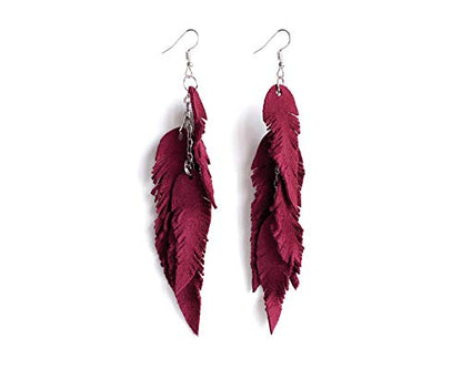 Leather Feather Earrings, Suede layered earrings, boho wedding jewelry, summer earrings, gift for her, dangle earrings - color: dark red