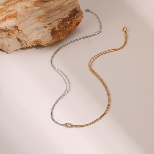 Knot Necklace for Women Two Tone Snake Chain Twisted Link Necklace | 18K Gold Silver Layered Necklaces Dual Color Mixed Double Layer Chain Necklace