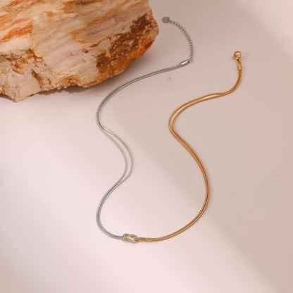 Knot Necklace for Women Two Tone Snake Chain Twisted Link Necklace | 18K Gold Silver Layered Necklaces Dual Color Mixed Double Layer Chain Necklace