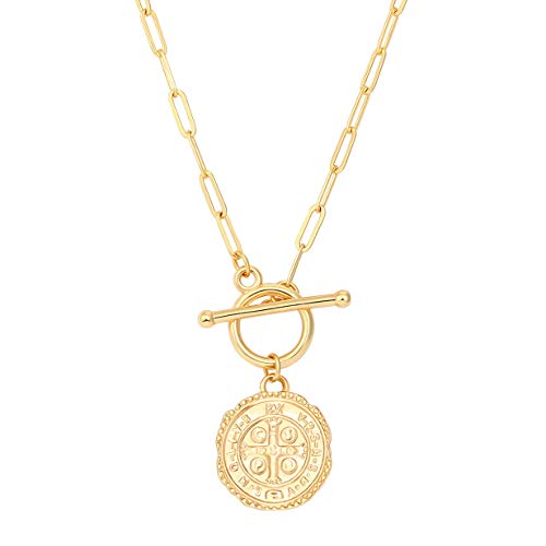 SOFYBJA Saint Benedict Necklace Drop 18K Gold Toggle Medallion Coin Cross Pendant Necklaces Religious Jewelry Catholic Gift for Women - color: St Benedict Medal