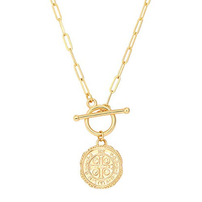 SOFYBJA Saint Benedict Necklace Drop 18K Gold Toggle Medallion Coin Cross Pendant Necklaces Religious Jewelry Catholic Gift for Women - color: St Benedict Medal