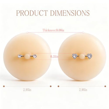 Pacify 2 Pairs Pierced Nipple Pasties | Adhesive Silicone Nipple Covers with Piercing, Reusable Pasties with Fake Nipple Rings for Women - color: B: Square+love Zirconia