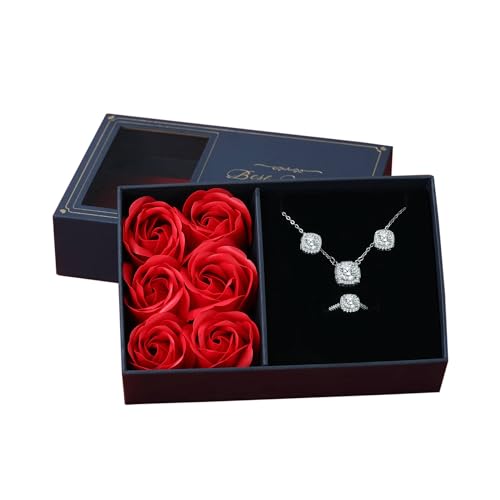 Mothers Day Gifts,4 Pieces Jewelry Set Gifts for Women,Perserved Rose with Necklace Earrings Ring Sets,Birthday Gifts for Wife Mom Girfriend On Valentine's Day Mother's Day Anniversary