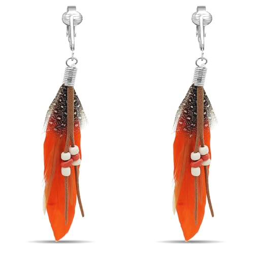 Aloha Earrings-Clip On Real Feather Earrings-Dangle Clip On Earrings Tassel Long Clip Earrings Bohemian - color: Orange Feathers