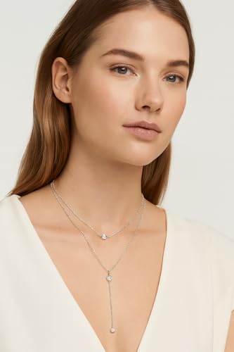 14K Gold Plated Y Necklace for Women – Dainty Lariat Long Pendant Chain, Layered Drop Necklace for V Neck Dress, Simple Sexy Cleavage Jewelry Gifts for Women - color: Silver - Double layered - Zircon