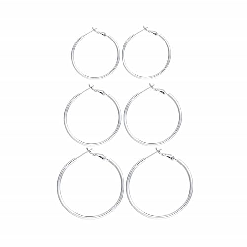 3 Pairs Sterling Silver Large Hoop Earrings Set for Women 40 50 60MM | 14K White Gold Plated, Hypoallergenic - style: A:Silver 40mm 50mm 60mm