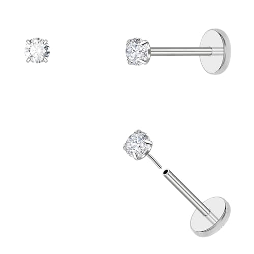 DAI JY 20G Threadless Flat Back Earrings hypoallergenic Titanium Small Stud Earrings Push-In CZ Nose Studs for Women Men Labret Cartilage Helix Conch Medusa Monroe Tragus Piercing Jewelry - color: Silver, size: 20g-2.5mm