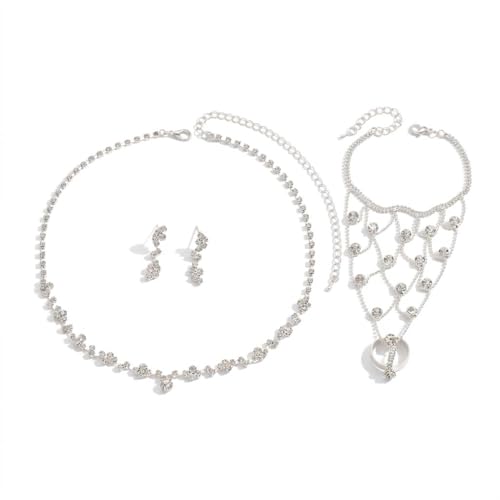 Wedding Jewelry Sets for Brides Rhinestone Necklace and Earring Set Bracelet Ring Gold Silver Prom Jewelry Sets Diamond Flower Teardrop Necklace for Women - color: Style1-Silver-3pcs