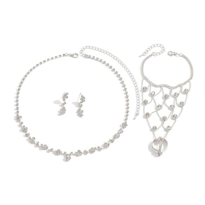 Wedding Jewelry Sets for Brides Rhinestone Necklace and Earring Set Bracelet Ring Gold Silver Prom Jewelry Sets Diamond Flower Teardrop Necklace for Women - color: Style1-Silver-3pcs