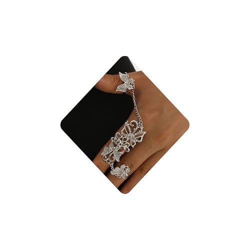 Rhinestone Finger Ring for Women Sparkly Crystal Butterfly Flower Leaf Adjustable Statement Chain Rings Punk Jewelry - color: Silver