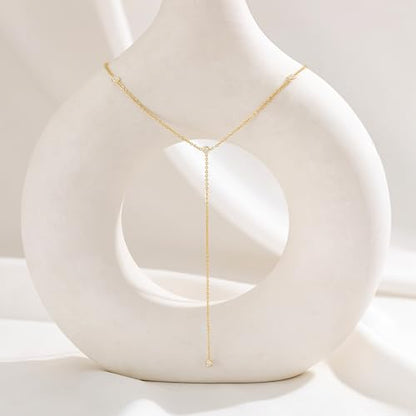 CHESKY Lariat Gold Necklace for Women, Dainty Long Necklace 14k Gold Plated Y-Shaped Pendant Necklace Trendy Layered CZ Beaded Chain Drop Necklaces Simple Gold Jewelry for Women Gifts - color: 1
