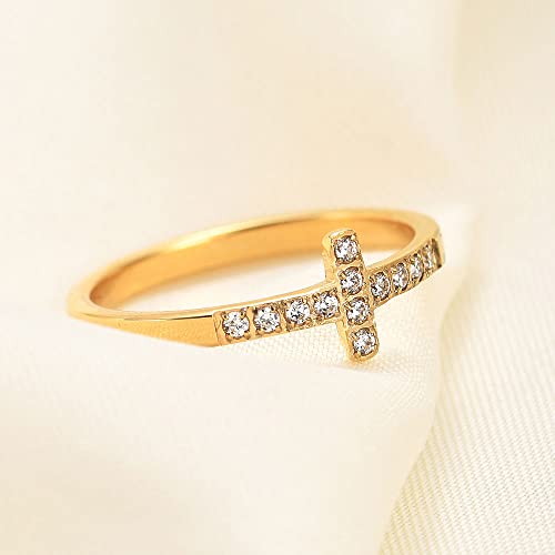 2mm 5mm Tainless Steel Cubic Zirconia Wedding Band Rings For Women,Stackable No Tarnish Fashion Cross Rings Size 4-10 - color: Cross-gold