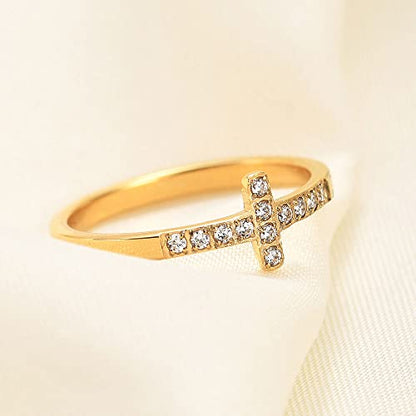 2mm 5mm Tainless Steel Cubic Zirconia Wedding Band Rings For Women,Stackable No Tarnish Fashion Cross Rings Size 4-10 - color: Cross-gold