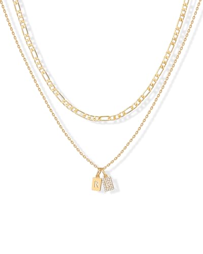 PAVOI Initial Necklace for Women, 14K Gold Plated Double Dog Tag CZ Pendant | Dainty Necklace, Letter Tag Necklace, Cubic Zirconia Pendant, Box Chain Necklace - style: - R