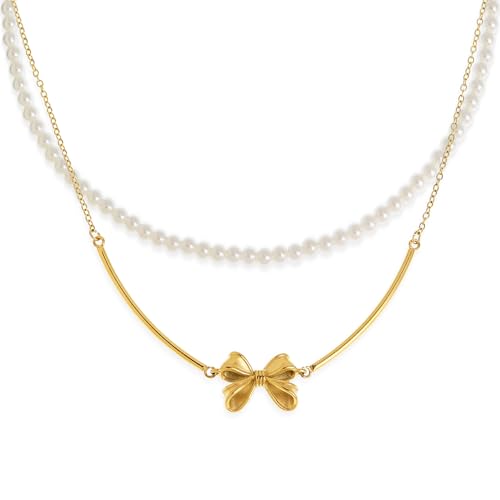 Gold Pendant Pearl Layered Choker Necklace Set for Woman, Chunky Charm Adjustable Pearls Bead Gemstone Shell Conch Tiger Eye Natural Stone Bow Chain Nacklaces Fall Fashion Prom Jewelry Gift. - color: Bow
