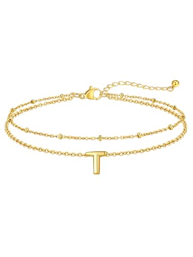 FaithHeart Initial Ankle Bracelets for Women, Waterproof 14k Gold Plated Initial Anklets Non Tarnish Stainless Steel Cute Layered Anklet Summer Beach Jewelry - color: Gold, size: Initial T