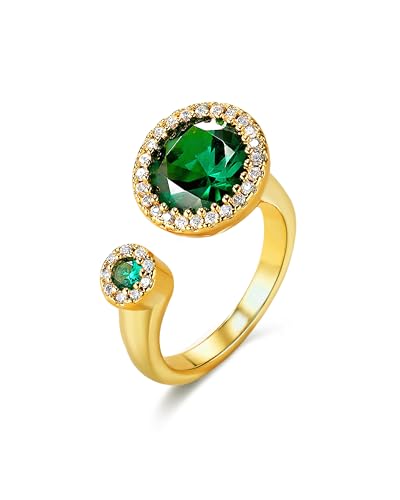 SNGIA 18K Gold Plated Adjustable Open Ring for Women Natural Stone CZ Statement Ring Tiger Eye Emerald Ruby Lapis Black Onyx Turquoise Evil Eye Boho Stackable Cocktail Ring Birthday Gift Jewelry - style: Emerald