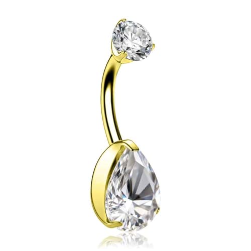 Titanium Floating Belly Button Rings 14G, ASTM F136 Implant-Grade Curved Barbell, Internal Thread with 6mm Teardrop Gems, Sparkle Navel Piercing Jewelry, 10mm/12mm Length - color: Teardrop Gold-Clear CZ, size: 3/8"(10mm)