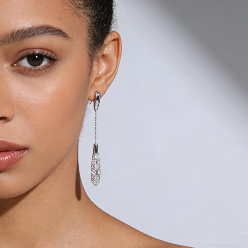 Trendy Silver Water Drop Dangle Earrings for Women - Sparkly Crystal Long Tassel Earrings