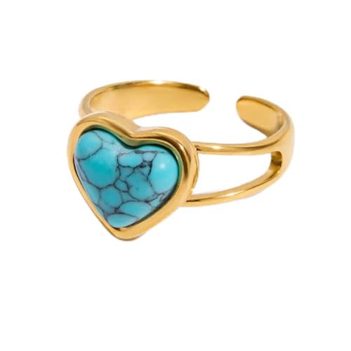 Blue Turquoise Heart Ring Natural Gemstone Love Hearts Open Adjustable Statement Promise Wedding Engagement Finger Band Boho Western Holiday Jewelry 18K Golden Plated Stainless Steel Rings for Women