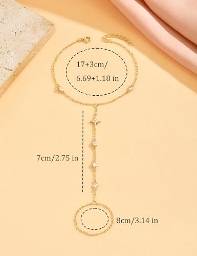 925 Sterling Silver Hand Chain Bracelet for Women | 14k Gold Plated CZ Crystal Heart Starburst Ring Bracelets Hand Chain Diamond Layered Stackable Link Chain Beach Jewelry Gifts - color: GoldB