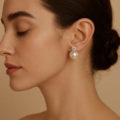 Pearl Clip on Earrings for Women - 14K Gold Silver Plated Cubic Zirconia Non Pierced Ear Clips Jewelry Gifts for Wedding Bridal Party Gifts - color: Silver-10mm