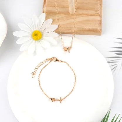 Gold Bracelets For Women Heart Initial Letter Pendant Necklace and Bracelet Set Personalized Jewelry Sets for Women Birthday Gifts for Mom Her Daughter Initial Necklace 14K Silver Plated - style: Gold-I