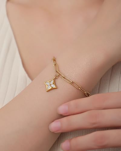 18K Gold Plated Paperclip Link Chain Bracelet with Charms, Gift with a Box - color: Four-leaf Clover
