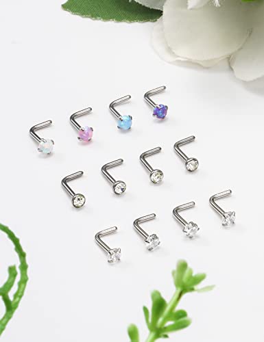 Cisyozi 18G 20G 22G Nose Rings Studs Surgical Steel Nose Stud Set 1.5mm 2mm 2.5mm 3mm Diamond Cubic Zirconia Opal Screw L Shaped Straight Nose Piercing Jewelry for Women Men - color: A:22G-L Shaped -3mm