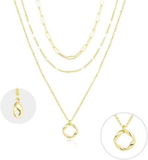 Evabelle Gold Layered Necklace for Women Trendy Jewelry 14K Real Gold Plated Chunky Chain Stackable Necklaces Dainty Choker Necklaces Rectangle Square Pendant - color: Gold Necklace 09