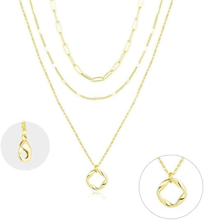 Evabelle Gold Layered Necklace for Women Trendy Jewelry 14K Real Gold Plated Chunky Chain Stackable Necklaces Dainty Choker Necklaces Rectangle Square Pendant - color: Gold Necklace 09