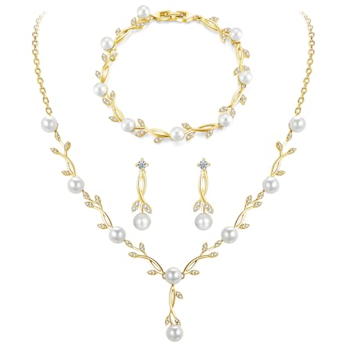 Jewelry Set for Women, Necklace Dangle Earrings Bracelet Set with White AAA Cubic Zirconia, Allergy Free Wedding Party Jewelry for Bridal Bridesmaid - color: Necklace+Braclelet+Earrings-pearl style gold