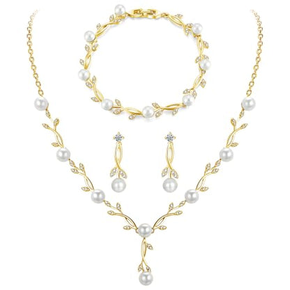 Jewelry Set for Women, Necklace Dangle Earrings Bracelet Set with White AAA Cubic Zirconia, Allergy Free Wedding Party Jewelry for Bridal Bridesmaid - color: Necklace+Braclelet+Earrings-pearl style gold