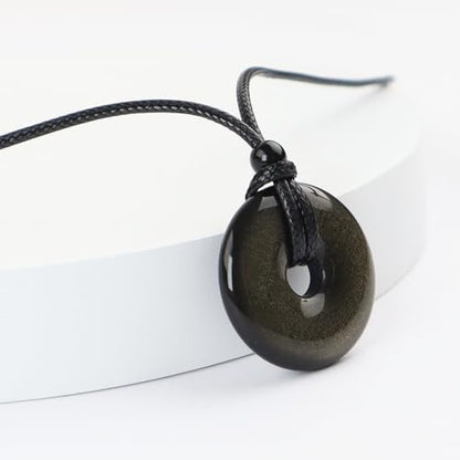 Anjiucc Natural Gemstone Pendant Necklce Lucky Coin Crystal Necklace Donut Pendnat with Adjustable Rope Healing Crystal for Men - color: Gold Sheen Obsidian