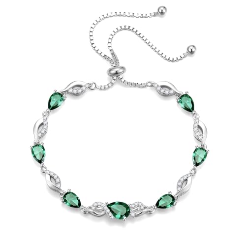FANCIME Birthstone Teardrop Tennis Bracelet for Women, Sterling Silver 9x7mm main Gemstone Bolo Adjustable Chain Bracelet Fine Jewelry Birthday Gifts for Women Mom Wife Her - color: 05-Emerald