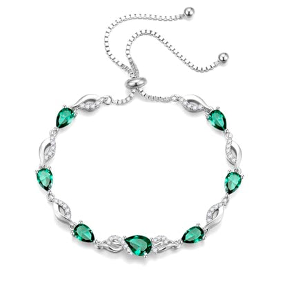 FANCIME Birthstone Teardrop Tennis Bracelet for Women, Sterling Silver 9x7mm main Gemstone Bolo Adjustable Chain Bracelet Fine Jewelry Birthday Gifts for Women Mom Wife Her - color: 05-Emerald