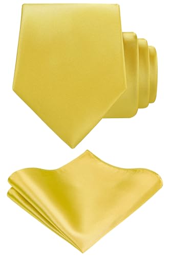 TIE G Solid Satin Woven dyed Color Formal Black Necktie and Pocket Square Sets in Gift Box - color: Mustard Yellow