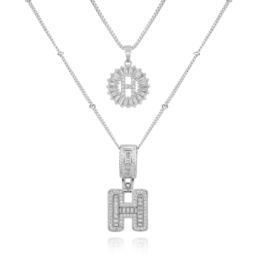 14K Gold Plated Alphabet Necklace Cubic Zirconia Letter Pendant, Personalized Name Jewelry Gift for Women, Customizable A-Z, Birthday/Mothers Day Gifts for Womens - color: White Gold, style: Style-H